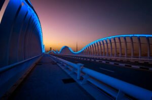 Amazing night dubai VIP Meydan bridge with beautiful sunset. Private road to Meydan race course, Dubai, United Arab Emirates